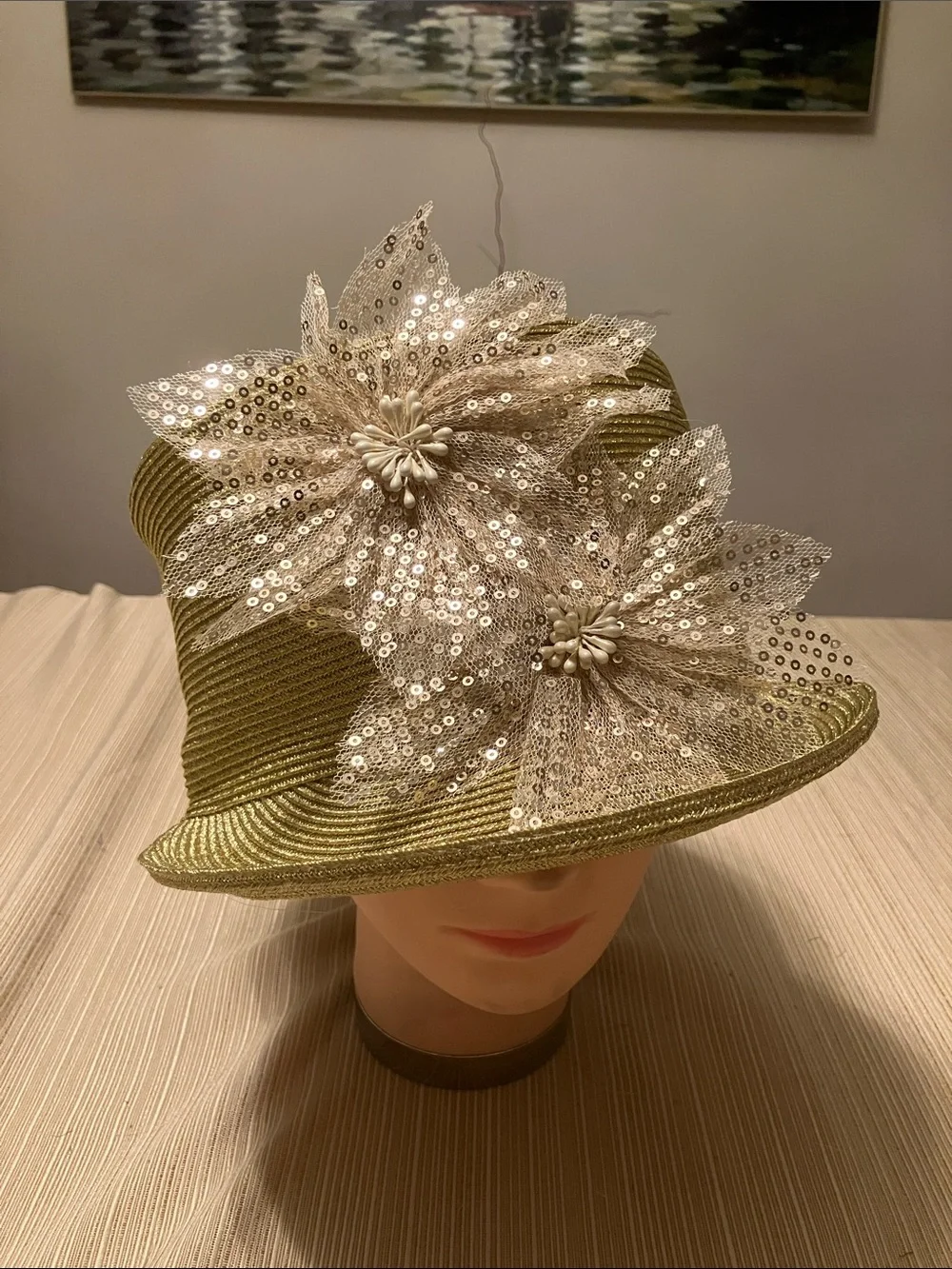 Chic Metallic Gold Hat with Champagne Gold Sequin Floral Appliqués